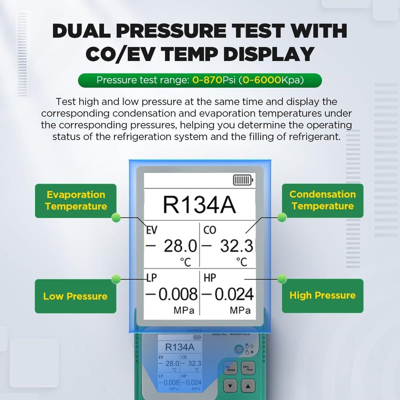 KAISAL HVAC Digital Manifold Gauge Set for 92 Refrigerant, TFT Display Digital HVAC Gauges Dual Pressure&Vacuum Test, R134A R410A Refrigerant Gauge with Hoses AC Recharge Kit for Air Conditioner/Refrigerator - Image 5